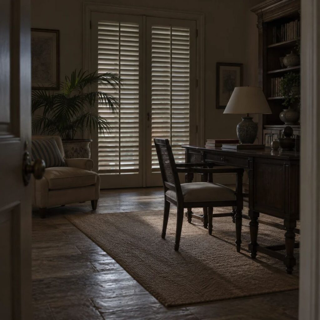Closed home office with window shutters and limited natural light in a seasonal Naples Florida home