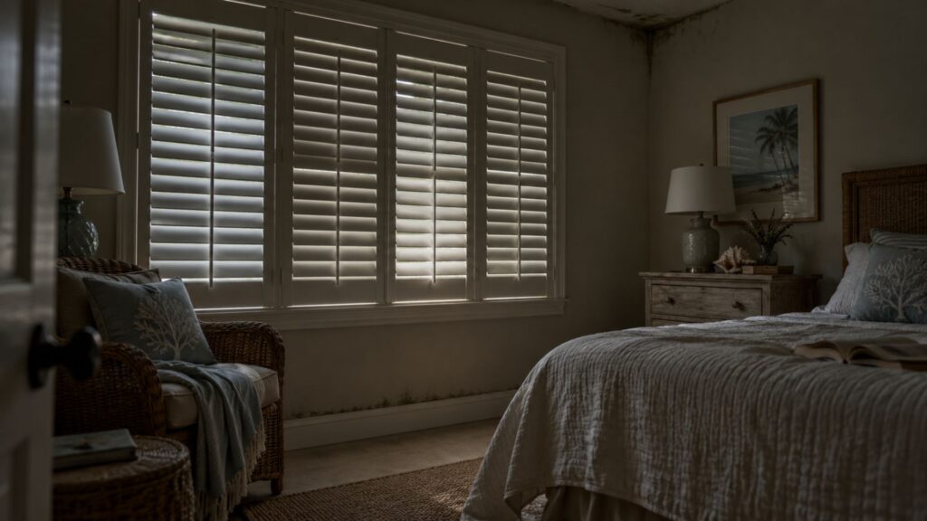 Closed home office with window shutters and limited natural light in a seasonal Naples Florida home